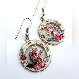 Vintage cloisonné unicorn earrings, dangle unicorn earrings in Pink & Gold